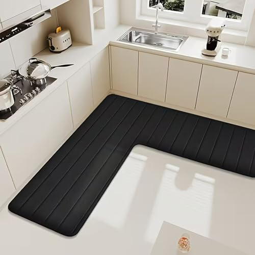 Swsen Tapis de Cuisine en Forme L – Tapis d’Angle Antidérapant et Absorbant, Tapis de Sol Lavable en Machine pour Cuisine, Salle de Bain, Douche et WC, Noir, 120×120×45 cm