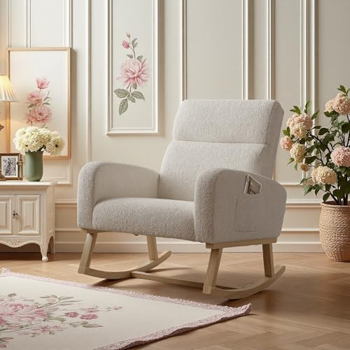 LieABak Mecedora con reposabrazos, silla de lactancia con bolsillo lateral, sillón de relax con patas de madera maciza, silla de lectura para salón, dormitorio, balcón, forro polar (beige)