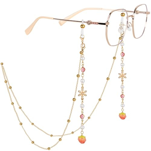 HONZUNE Glasses Chain for Women, Gold Pearl Eyeglass Lanyard, Cute Sunglasses Strap with Strawberry Charm, Glasses Neck Strap, Anti-lost Aesthetic Chain for Glasses