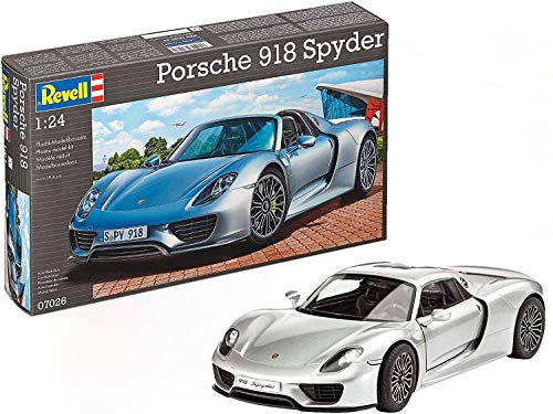 Revell 07026 Supersportwagen Porsche 918, Automodellbausatz 1:24, 19,4 cm Modellbausatz für Fortgeschrittene, Silber (Spyder)