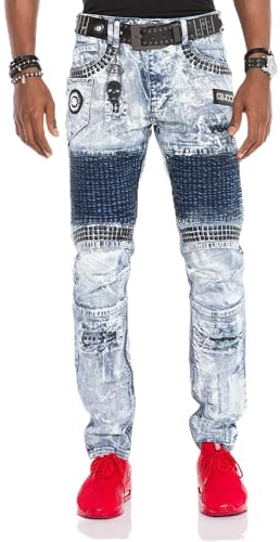 Cipo & Baxx Pantalon en jean pour homme | Denim déchiré et effiloché avec rivets, similicuir, coutures décoratives et graffiti | Style fashion et motard, 30W / 32L