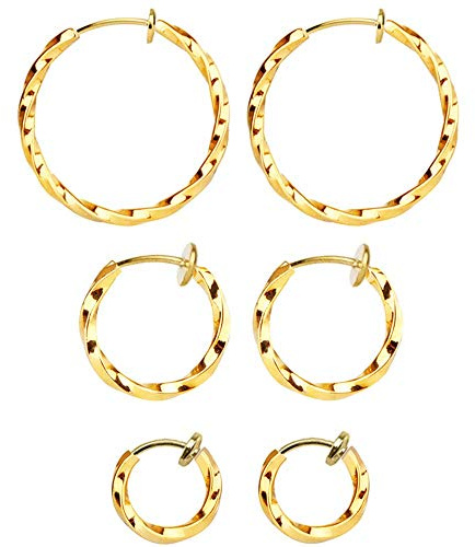 Mannli Lot de 3 paires de boucles d'oreilles créoles à clipser torsadées pour femmes et filles à oreilles non percées - Doré, 15-30 mm