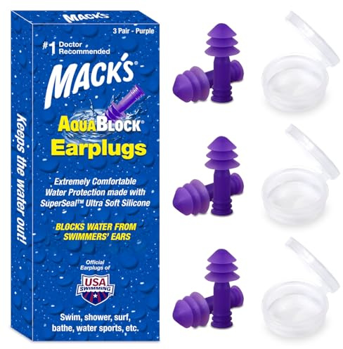 Mack's AquaBlock Swimming Earplugs, 3 Pair - Comfortable, Waterproof, Reusable Silicone Ear Plugs for Swimming, Snorkeling, Showering, Surfing and Bathing (Purple)