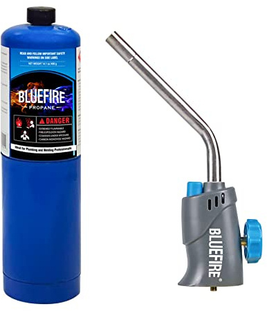 BLUEFIRE Trigger Start Welding Blow Torch Head with Propane Gas Kit,Extend 1.5 Tube Piezo Self Ignition Nozzle Fuel by MAPP MAP PRO Propane Gas Handheld Cylinder Soldering Brazing Triple-Point Flame