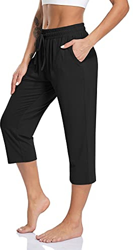 TARSE Womens Capri Pants Stretch Yoga Athletic Gym Capris Sweatpants Comfy Elastic Waist Work Crop Pants Pockets (Black,XL)