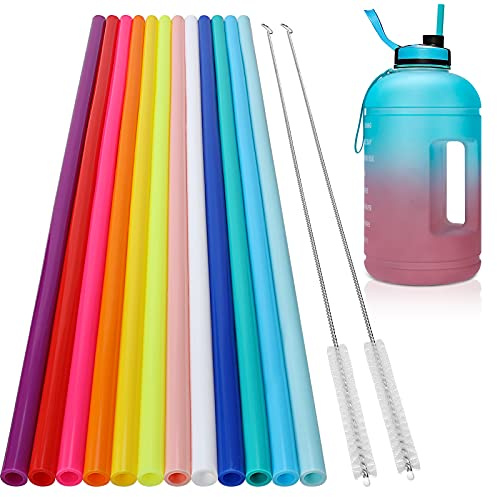 12 Stück, extra lange 36,8 cm wiederverwendbare Silikon-Trinkhalme für große Wasserflaschen, Weinflaschen – 36,8 cm – Mehrfarbige flexible Trinkhalme für extra hohe Tassen – 2 Reinigungsbürsten