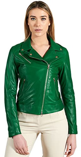 D'Arienzo Chiodo Pelle Verde Donna Biker Giubbotto Moto Vera Pelle Made in Italy Kbc S/Verde