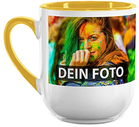 Elegante Fototasse selbst gestalten - mit Foto & Text personalisieren - Edle Tasse mit abgerundetem Boden - Keramik Innen & Henkel Gelb, 250ml
