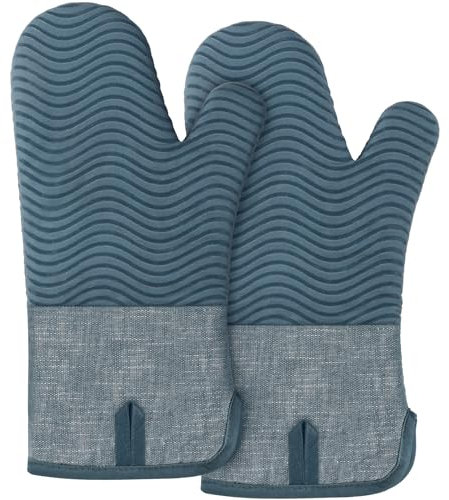 BONTHEE Guanti da forno resistenti al calore con guanti da cucina a strisce in silicone antiscivolo per cucinare, cuocere e grigliare - Set di 2 - Blu
