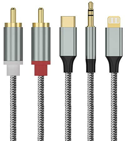 Lightning/USB Typ C/3.5mm auf 2 Cinch Aux Kabel 1.3M, 3 in 1 2 RCA Cinch Kabel Stereo für Lightning/USB Typ C/3.5mm Schnittstelle Kompatibel mit iPhone/Huawei/Samsung Galaxy/Google Pixel/OnePlus
