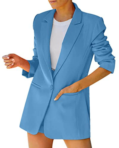Disimlarl Damen-Blazer, schicker gekerbter Kragen, lässiger Knopf, Arbeitsanzug, Mantel, Büro, elegante Blazer, blau, 36