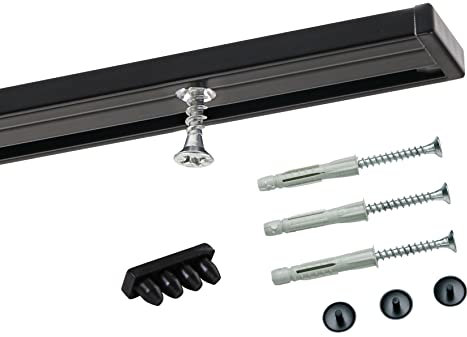 Deco-Raum Gardinenschiene auf Maß Aluminium 1-läufig vorgebohrt Vorhangschiene Deckenbefestigung für Schiebevorhang Vorhang Gardinen mit Befestigungsmaterial schwarz 70 cm Minimal