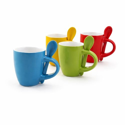 ARCA, Set di 4 Tazze Caffè con Cucchiaino, Realizzate in Ceramica, Semplici e Pratiche, Lavabili in Lavastoviglie, Colori Assortiti, Capacità 25 ml, 6,5x5,5 cm