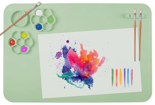 SOQKEEN Silikon Malunterlage 60x40cm, Bastelmatte mit Palette, Grün | Farbmischbereich, Pinselhalter & Pinselbecher, Antihaft Silikon, Rutschfest, Leicht zu reinigen, Ideal für Malen & DIY