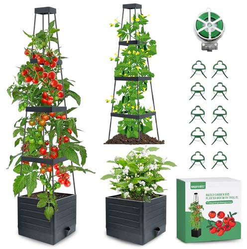MQFORU 2Pack Raised Garden Bed Planter Boxes with Trellis, 57 Self-Watering Tomato Planter Boxes with Trellis for Climbing Vegetable and Plants, Tomato Cage for Indoor Outdoor Use