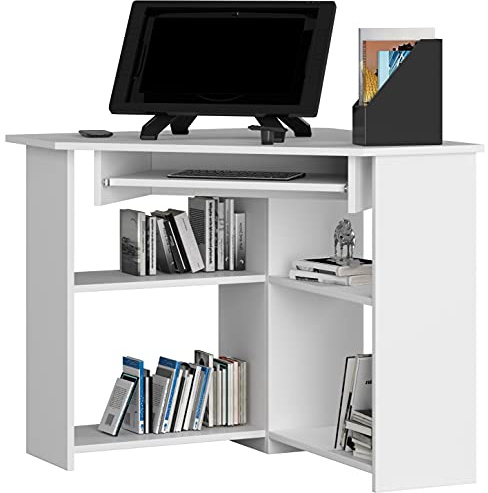 Home Collective Eckschreibtisch, Bürotisch mit ausziehbarer Tastaturablage, 80 x 80 x 74 cm, ergonomischer Computertisch Schreibtisch in weiß, ideal für Kinderzimmer und Heimbüro