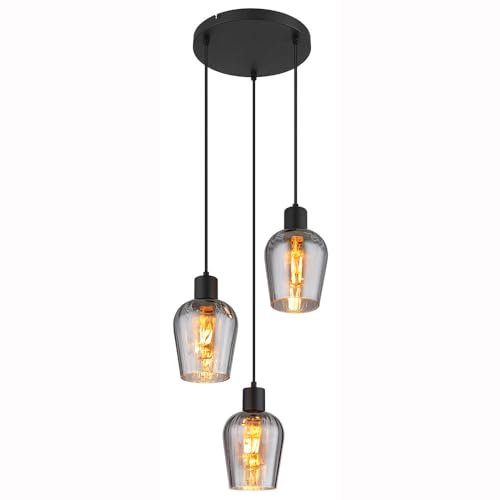 Hängeleuchte Rauchglas Esstischleuchte 3-Flammig Pendelleuchte Glasschirme schwarz, Metall, 3x E27 Fassung, DxH 28,5x150 cm