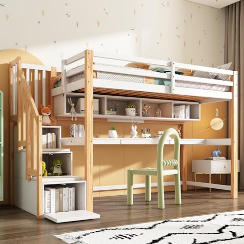 Zravenna Hochbett Kinder 90x200 mit Schreibtisch, Kinderbett mit Stauraum-Treppe und Bücherregalen, Massivem Kiefernholz, Natürlich und Weiß (1 Kinder)