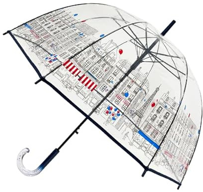 SMATI Parapluie Long Transparent, Parapluie Cloche Ouverture Automatique, 8 baleines en Fibre de Verre, Anti-Vent, Paris Skyline