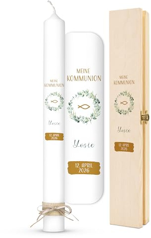 AMARI ® Kommunionkerze personalisiert Eukalyptus Fisch H:40cm/⌀:4cm - Personalisierte Kommunionkerze für Jungen & Mädchen – Kerze zur Kommunion selbst gestalten