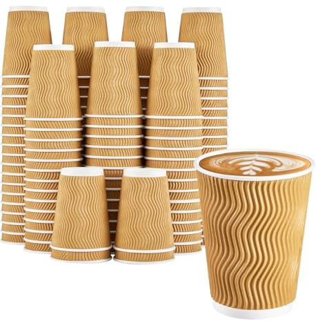 Efforias 100 X 8oz Kraft Ripple Coffee Cups - Insulated Triple Walled Takeaway Coffee Cups - Cups for Hot and Cold Drinks for Christmas & Birthdays Parties