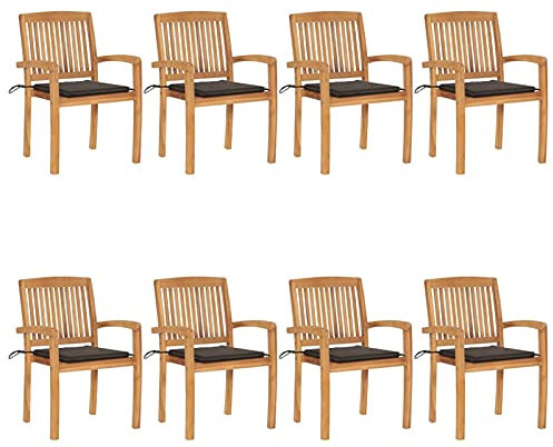 Homgoday Stapelbare Gartenstühle 8 STK. Balkonstuhl Stapelstuhl Gartenstuhl Balkonstühle Terrassenstuhl Gartensessel Stühle mit Kissen Taupe Massivholz Teak