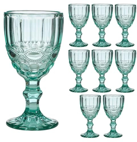 Wine Glasses Set of 8 Embossed Vintage Style Wine Goblet Set (Turquoise)