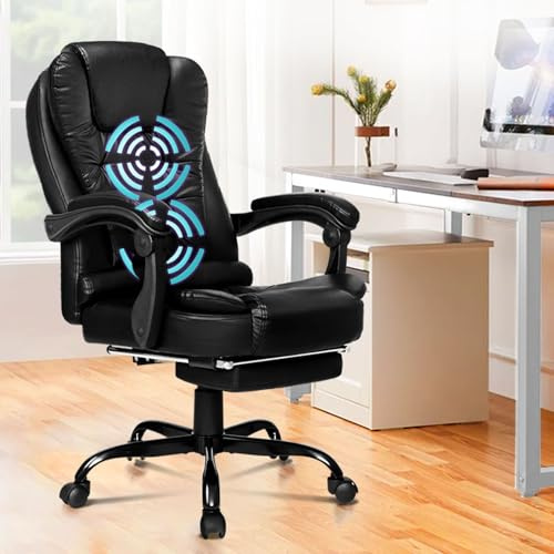 ALFORDSON Ergonomischer Bürostuhl mit Massage, Fußstütze, 150° Neigung, SGS-Gasdruckfeder, drehbar, max. 180 kg, Leder, Schwarz