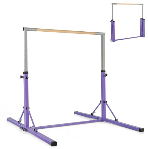 GYMAX Turnstange höhenverstellbar, Faltbare Übungsstange mit Rädern & rutschfeste Fußpolster, Turnreck bis 100 kg belastbar, Gymnastik Turnreck für Innen- & Außenbereich