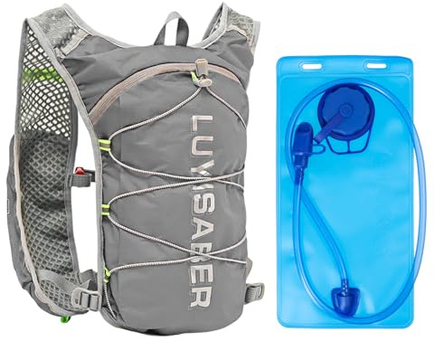 Trinkrucksack mit 2L Trinkblase, Trailrunning Rucksack, Laufrucksack Herren, Trinkweste Laufen Damen, Trinkrucksack Fahrrad, Ultralight Multi-Pockets Hydration Backpack für Laufen, Radfahren (Grau)