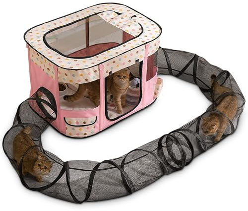 ALLSOPETS Katzengehege mit Tunnel Interaktiver Faltbarer Katzenzaun mit Großem Spielbereich Sicheres Outdoor-Katzenzelt für Hauskatzen Kleine Tiere und Welpen (Rosa, XL)