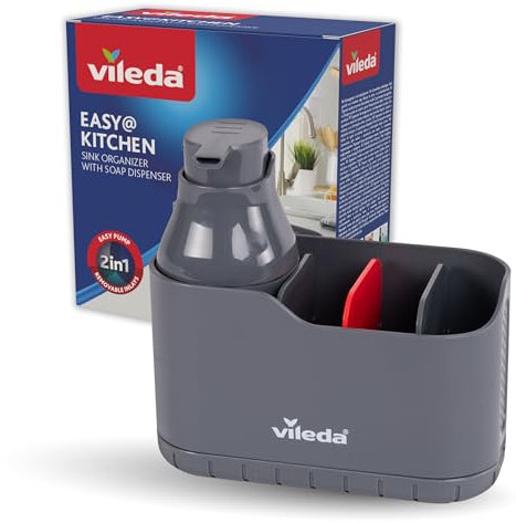 Vileda Sink Organizer con Dispenser di Sapone in Plastica - Porta Spugne da Cucina indipendente - Organizer per Lavastoviglie con Dispenser di Sapone per Spugne e Spazzole - Durevole e Antiruggine