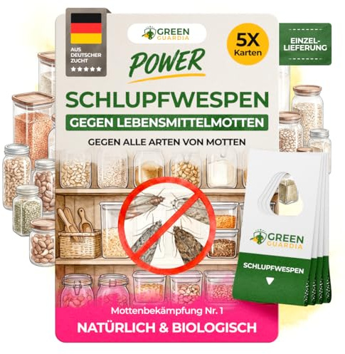 GREEN GUARDIA Schlupfwespen gegen Lebensmittelmotten - 5 Karten à 1 Lieferung - Effektiv & unweltfreundlich Lebensmittel Motten bekämpfen - Alternative zur Mottenfalle, Mottenspray, Pheromonfalle