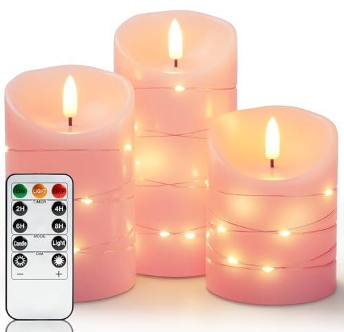Homemory Flammenlose EchtesWachsKerzen mit Lichterkette, Eingebettete Lichterkette LED-Kerzen, Elektrische Flackerkerzen mit Fernbedienung und Timer, Rosa, 3er-Set | Fernbedienung,Timer, Flammenlose LED Kerzen,Elektrische Flackerkerzen,dimmbar,Hochzeit,Weihnachten,Valentinstag Dekor