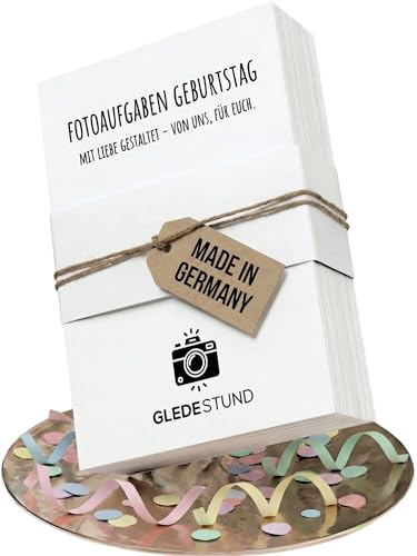 GLEDESTUND® Fotoaufgaben Geburtstag – 60 Karten mit 50 kreativen Aufgaben + 10 Blanko-Karten, Nachhaltig produziert in Deutschland, modernes Schlichtes Design für Jung & Alt