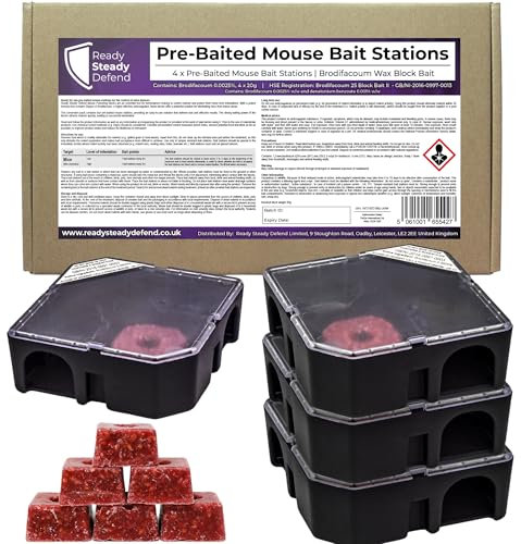 Ready Steady Defend Pre-Baited Clear Mouse Control Boxes (4 x 20g) – Ready-to-Use Indoor Mouse Bait Stations with Bait Blocks for Effective Mice Control