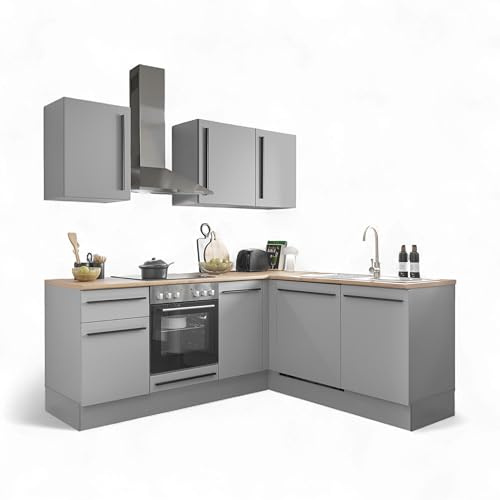 Denver Moderne Eckküche ohne Elektrogeräte in Grau, Lancelot Eiche Optik - Geräumige Küchenzeile in L-Form mit viel Stauraum - 220 x 211 x 60 cm (B/H/T)