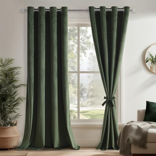 DWCN Olivgrün Samtvorhang Ösen 2er Set H245xB140cm mit Vorhang-Krawatten | Samt Blickdichte Vorhänge für Schlafzimmer Wohnzimmer, Weich Gardinen Verdunkelung Velvet Curtain Dicker Thermovorhang Winter