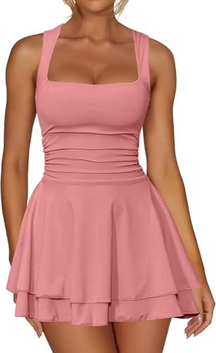 Sukiglam Robe Femme Sexy sans Manches Col Carré Robes Courte d'Été Élégante Dos Nu Mini Robe Moulante de Soirée Décontractée Bodycon Robes à Double Couche Volants pour Cocktail Fête Clubbing