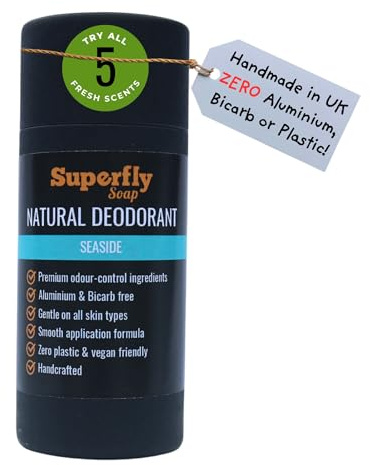 Natural Deodorant for Women & Men by Superfly Soap (Seaside). Sea Air & Holiday Vibes - 95g, Vegan, Gentle for Sensitive Skin, Aluminium Free Deodorant with Eco Friendly Packaging. 100% Plastic Free