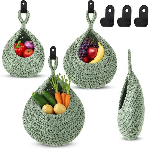 Honeydak Boho Decor Hanging Wall Baskets for Kitchen 3 Pack Teardrop Baskets with Hooks Storage Fruit Onion Vegetable Potato for Home 3 Sizes(Light Green,Cotton Rope)