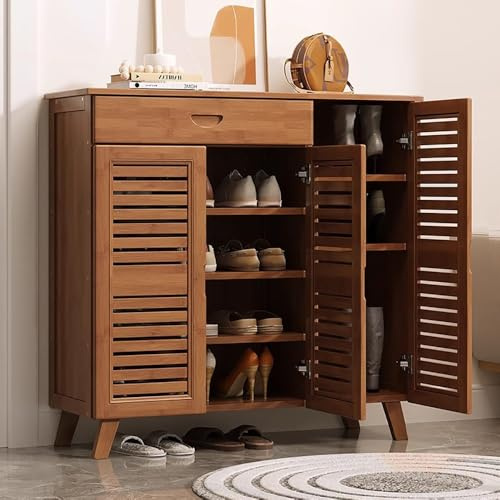 angroups Mueble Zapatero de 5 Niveles con 3 Puertas, 38 Pares de Zapateros con Cajón y Estantes Ajustables, Estante de Madera Organizador para Entrada Pasillo Salón
