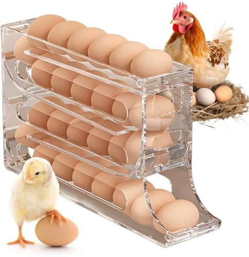 Eggs Holder Storage, 4 Tiers Egg Dispenser Fridge Roll Down with 30 Egg Capacity, Gravity-Fed Design, BPA-Free, Space Saving Eggs Tray in Kitchen (Clear)