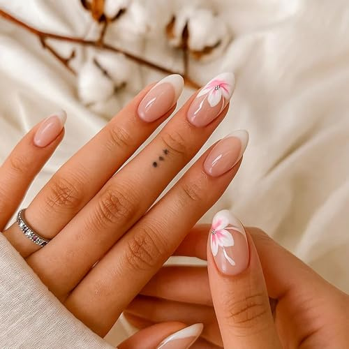 24PCS Press On Nails Almond Medium, Nude Pink Floral Design False Nails With Accessory Tool,Glossy Full Cover Almond Nail Tips for Women Diy Nail Art