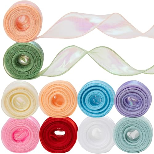 VOKABY 10 PCS Organzaband 4cm x 9m,Dekoband,Geschenkband Hochzeit,Geschenkbänder,Geeignet zur Dekoration von Banketten,Festen und Hochzeiten (10 Farben 10 PCS)