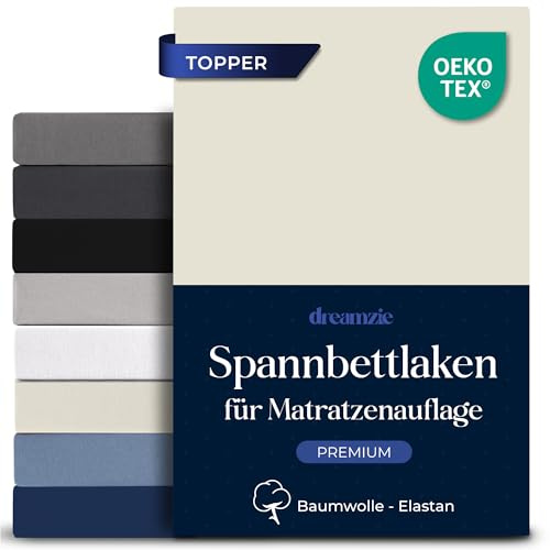 Dreamzie - Topper Spannbettlaken - 180x200 - Baumwolle Elasthan | Beige · Spannbetttücher Für Topper · Steghöhe 15cm · Oeko-Tex zertifiziert · Elastikband
