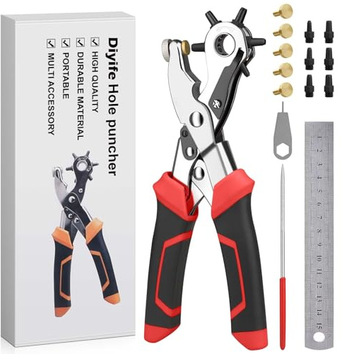 Diyife Lochzange für Leder, Gürtellochzange mit Hebelübersetzung, Gürtel Locher 6 Lochgrößen mit 6 Ersatzstempel & 5 Kupferpad, Belt Hole Puncher für Stoff, Uhrengürtel, Kunstleder, Karton – Rot