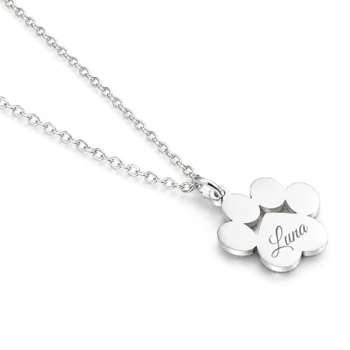 RM Beautynails Personalisierte Tierliebe Halskette mit Pfotenanhänger – Edelstahl Schmuck mit Gravur vorne & hinten – Geschenk für Hundebesitzer Katzenbesitzer mit Name Datum Wunschtext Silber