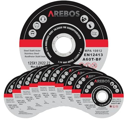 Arebos Disques à tronçonner Ø125 mm, 400 pièces | adaptés à l'acier, l'acier inoxydable, le fer, la tôle, le métal | aller et retour | EN 12413 | certifiés par l'Office d'essai des matériaux (MPA)