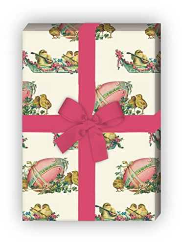 Kartenkaufrausch Beige Vintage Oster Geschenkpapier Set mit Retro Küken für tolle Geschenk Verpackung, Designpapier, scrapbooking, 4 Bogen, 32 x 48cm